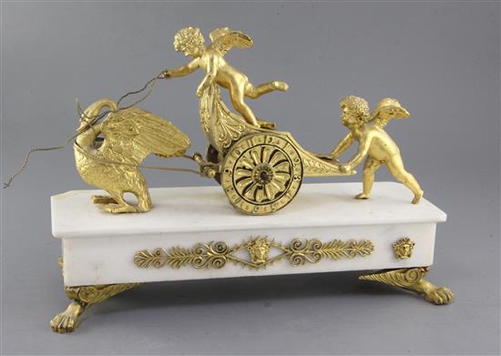 An early 19th century English ormolu mounted marble pendule au char, 10.5in.